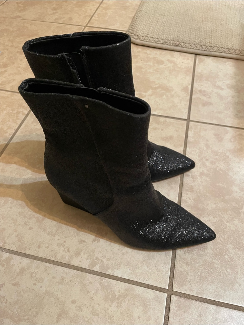 Franco Sarto Black Glitter Pointed Wedge Ankle Boots